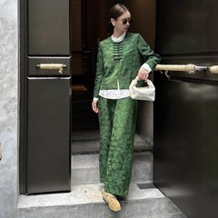 时尚新中式两件套2025新品油丝重工刺绣圆领外套+宽松休闲裤套装