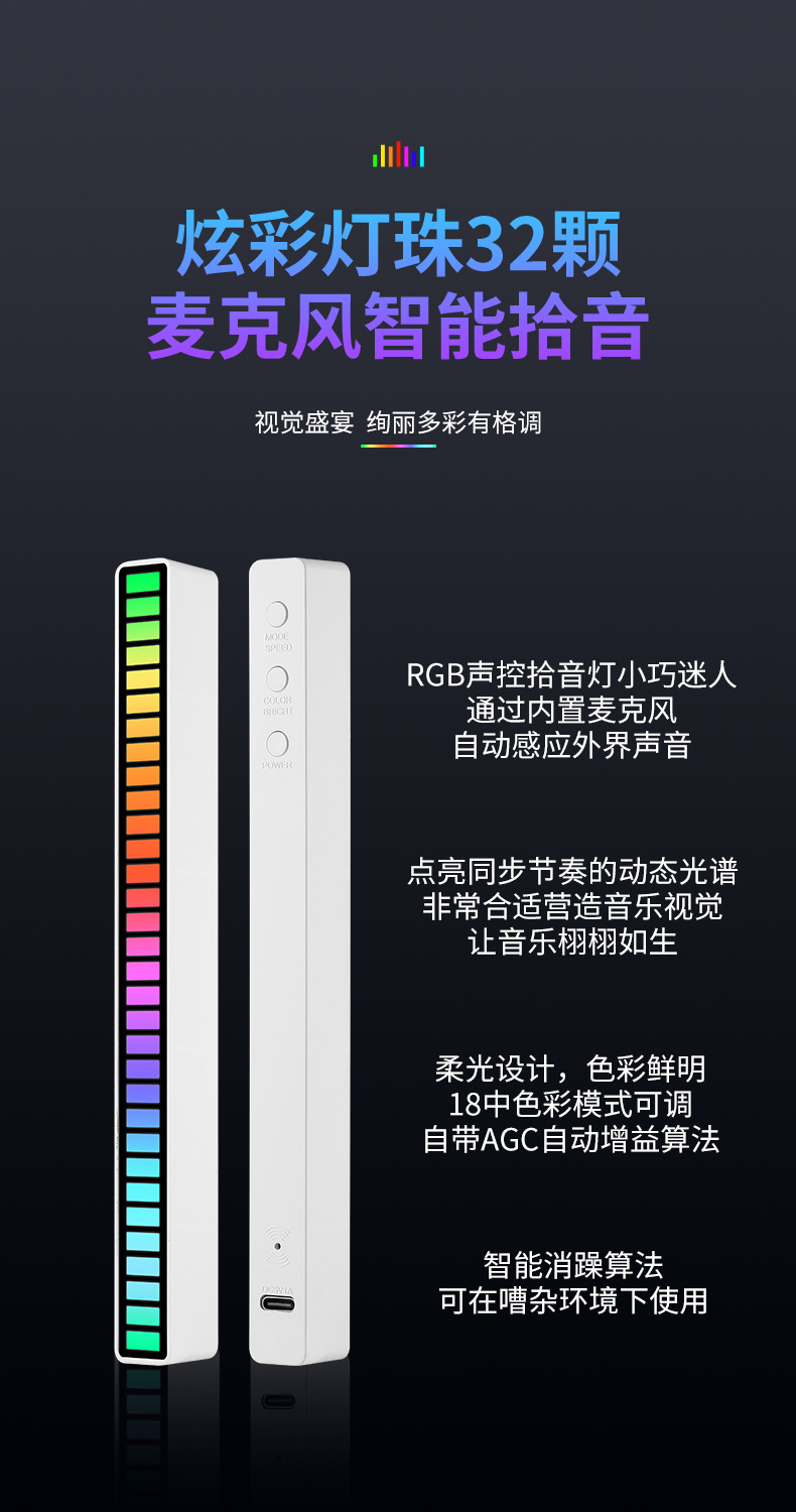 RGB声控同步节奏灯网红炫彩音乐氛围灯车载桌面感应创意led拾音灯详情2