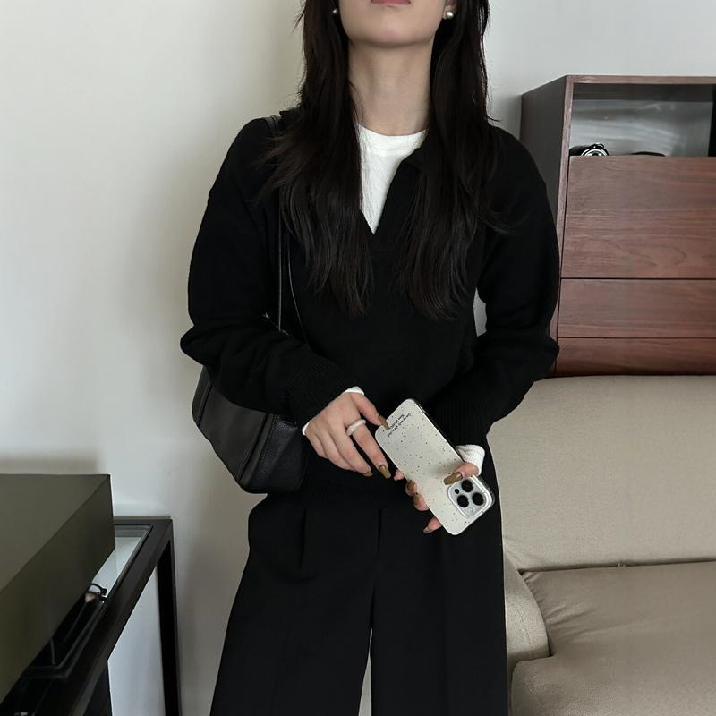 法式慵懒风POLO领时尚针织衫女秋冬新款高级感气质减龄打底衫毛衣|undefined