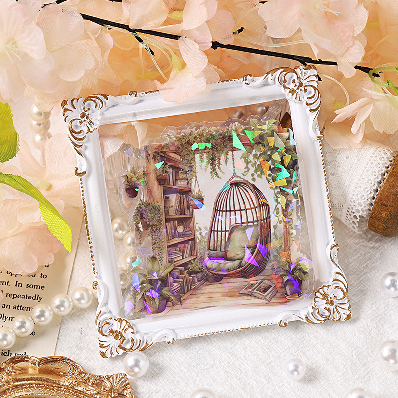 Paquete de pegatinas de mascotas transparentes a prueba de agua secreta DIY pastoral conchas materiales de paisaje láser de mano pegatinas de papelería