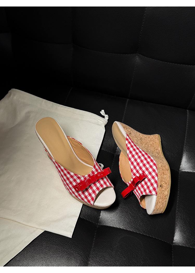 Sandal cao gót nữ mũi cá hở ngón, đế xuồng dày, nơ bướm, gót siêu cao 12 cm — Kẻ đỏ, Hồng sâm panh chi tiết 15