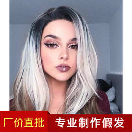 高温丝长直发女 渐变三色漂染跨境欧美假发现货  玫瑰网 wig 厂家