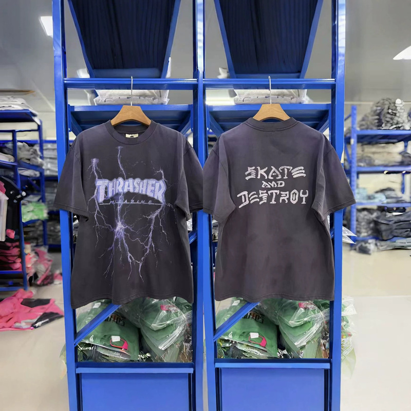 Thrasher 26Ss Lightning Print Washed Half-Sleeve Retro Style Graphic Short-Sleeve T-Shirt Thrasher 26Ss Lightning Print Washed Half-Sleeve Retro Style Graphic Short-Sleeve T-Shirt