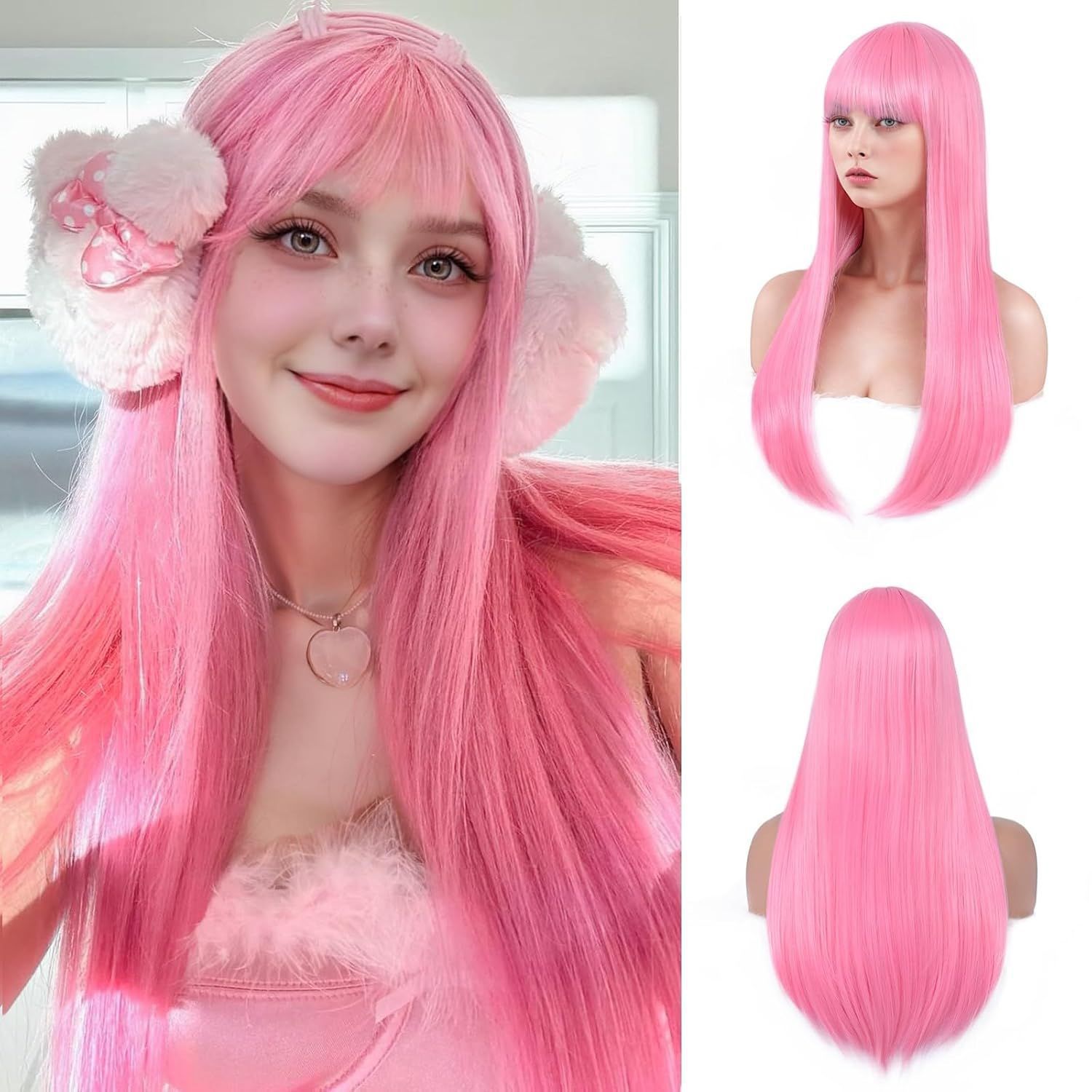 Peruca de cabello de mujer larga y recta, fibra química de fresa completa tipo de cabeza, ventilación natural, simulación de la vida diaria, uso de fiesta image 5