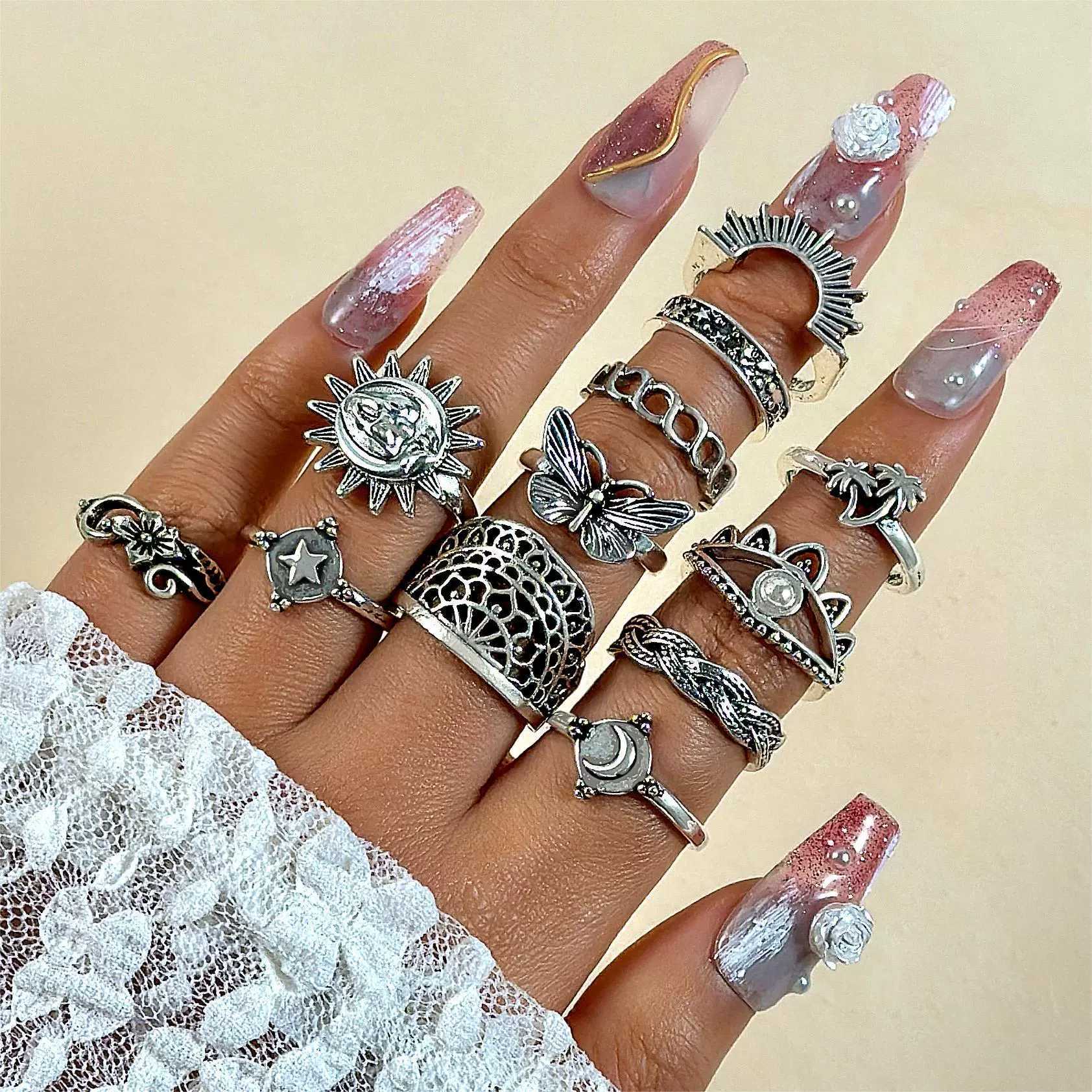 Ring Set, Retro Ethnic Style, 7-Piece European-Inspired Silver-Tone Stackable Rings