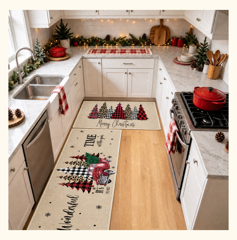Cross-border Christmas kitchen floor mat two-piece set, festive atmosphere decorative carpet, water-absorbent, non-slip, dirt-resistant long strip foot mat
