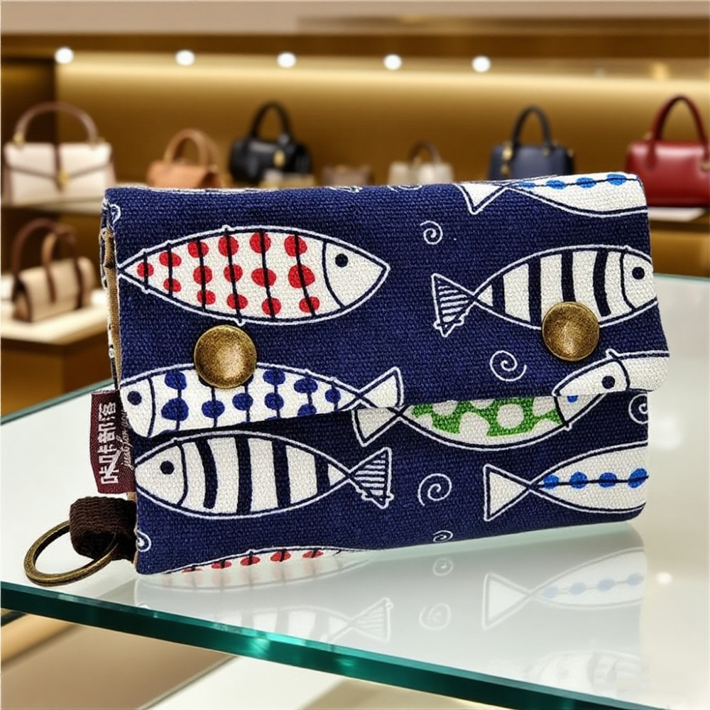 Cartera de lona de mezclilla triple con estampado de dibujos animados creativo, simple para hombres y mujeres, estuche para tarjetas de lona, estuche para llaves