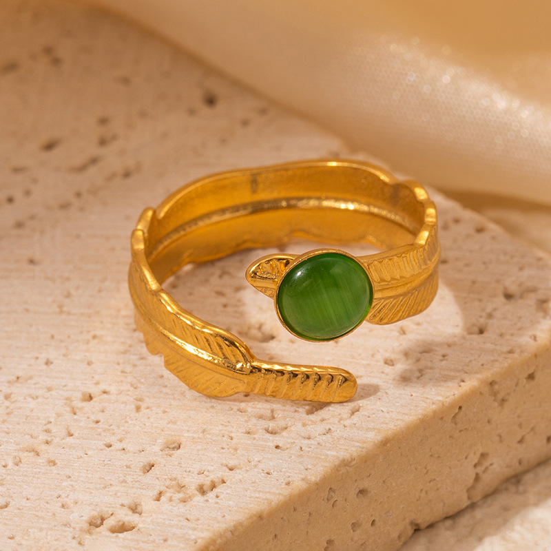 7g Weight 0.03µm Gold Plating Thickness Electroplated Gold Plating Process Golden Plated Plating Material Cat's Eye Stone Inlay Material Rings Classification 1 Piece Quantity Daily Occasion 201 Stainless Steel Material Tree Pattern Women's Gender IG Style Style Inlay Craft Wholesale Jewelry IG Style Feather Titanium Steel Natural Stone Gem Inlay Open Rings 7