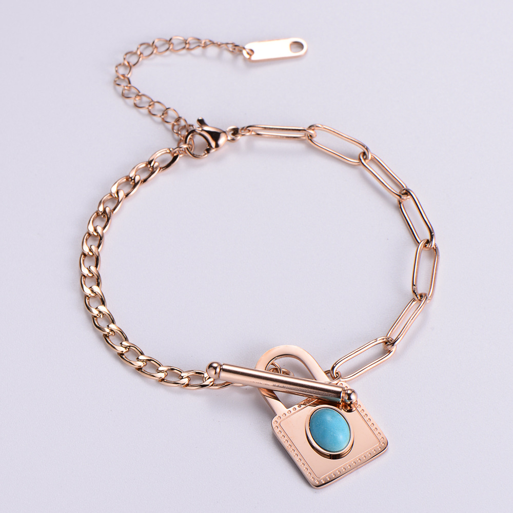 Stainless Steel Jewelry Wholesale New Light Luxury Creative Inlaid Turquoise Lock Bracelet display picture 6