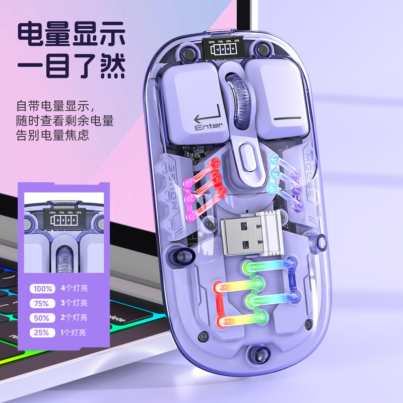 Transparent wireless mouse Bluetooth three-mode power display type-c charging magnetic cover RGB mute office game
