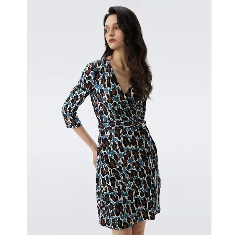 Autumn New Leopard Cat Pattern Printed Stretch Knitted Wrap Skirt One-Piece Three-Quarter Sleeve Lace-Up Hip-Hugging Dress