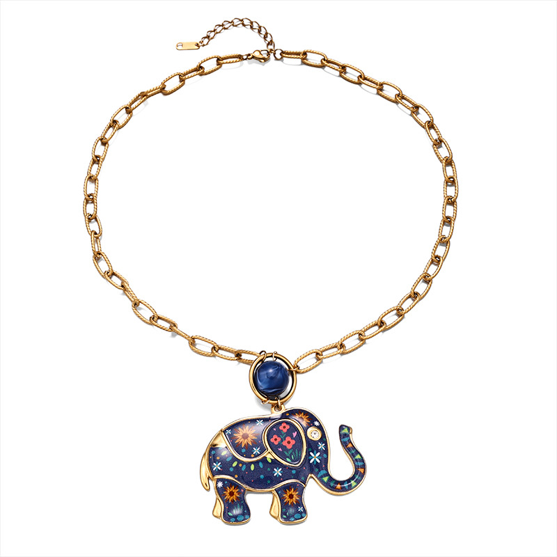 Estación independiente europea y americana de la explosión de collar de colgante de elefante de color goteo de aceite de titanio acero no decoloración joyería al por mayor