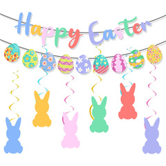 跨境復活節主題裝飾連體HAPPY EASTER拉花彩蛋拉旗兔子螺旋掛飾
