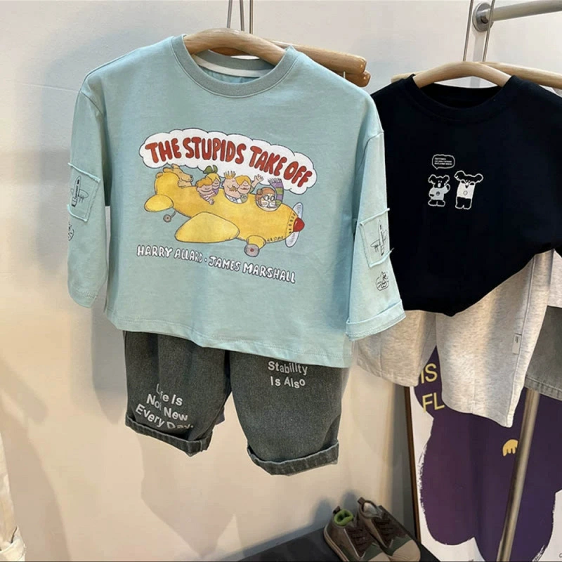 Spring children's cartoon long-sleeve, stickers for men and women, patch, T-shirt, loose fit, western style