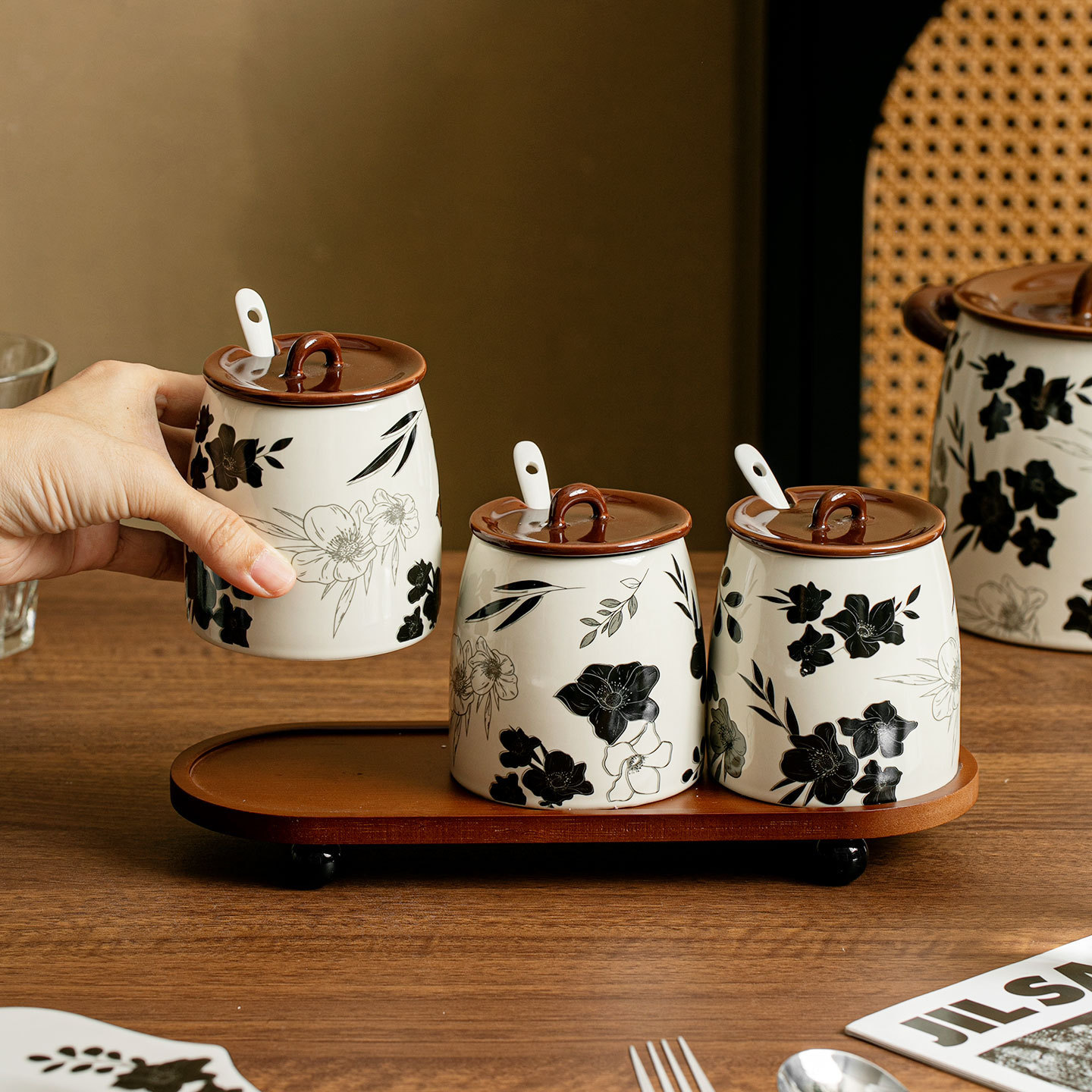 Condimento de cerámica francesa, condimento doméstico, sal de MSG, estante de almacenamiento, caja de condimento de cocina retro