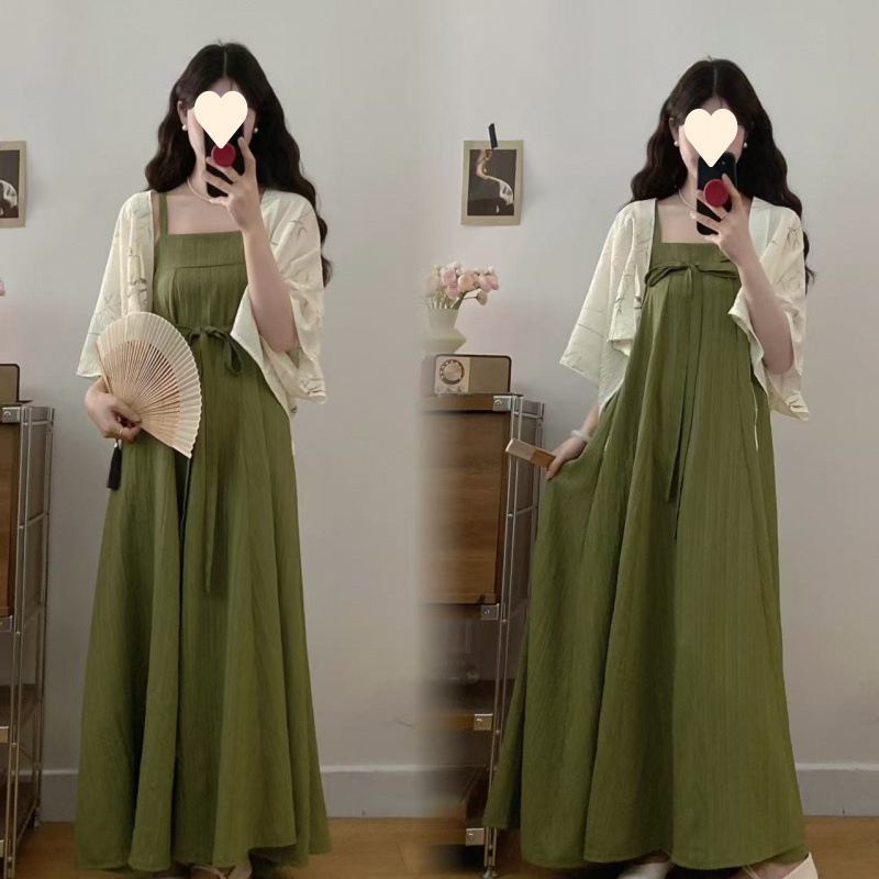 Plus Size Women's Clothing for Fat Girls, New Chinoiserie Super Fairy Improved Han Dynasty Over-The-Knee Slim Dress, Chinoiserie Cardigan Two-Piece Suit