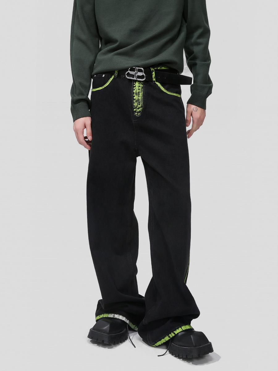 Mtlclothes ropa de Hombre | 2023 verano nuevo estilo coreano suelto pintado a mano graffiti contraste color costura línea jeans