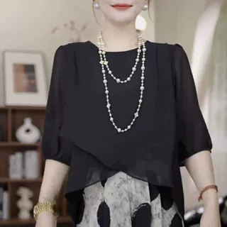 斜开叉宽松蕾丝衫女2026夏季新款纯色洋气设计款时尚显瘦短袖上衣