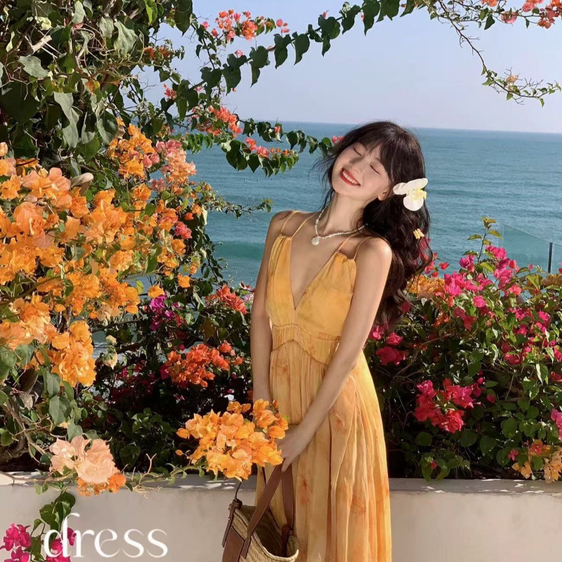 Vacation Style Sunny Yellow Backless Suspender Dress Summer Travel Beach Photo Long Dress