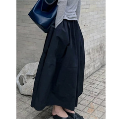 黒の花のつぼみスカート女性のための初秋 2024 新しい弾性ウエストカバー痩身ハイウエストミッドレングスロングスカート