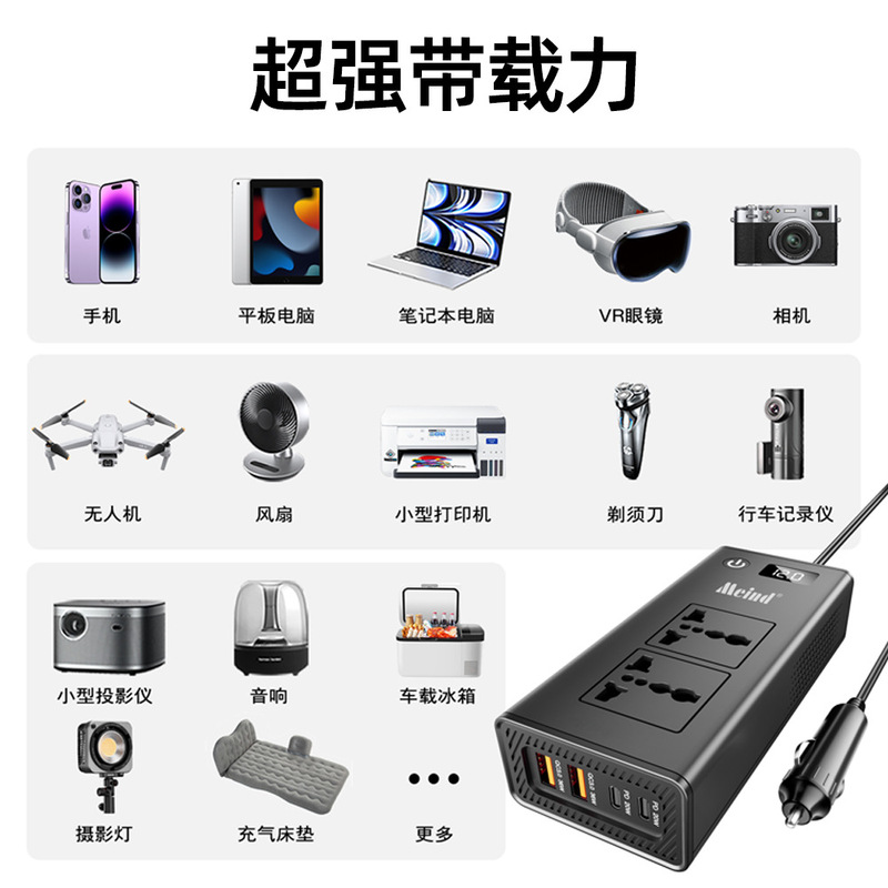 meind跨境车载逆变器200W 12V转220V通用4USB独立快充PD20W+QC36W|undefined