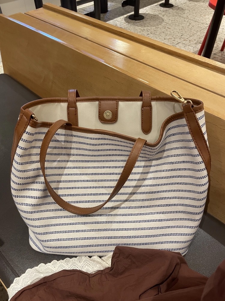 Korean Striped Canvas Tote Bag Large Capacity Shoulder Handbag_voghion.com