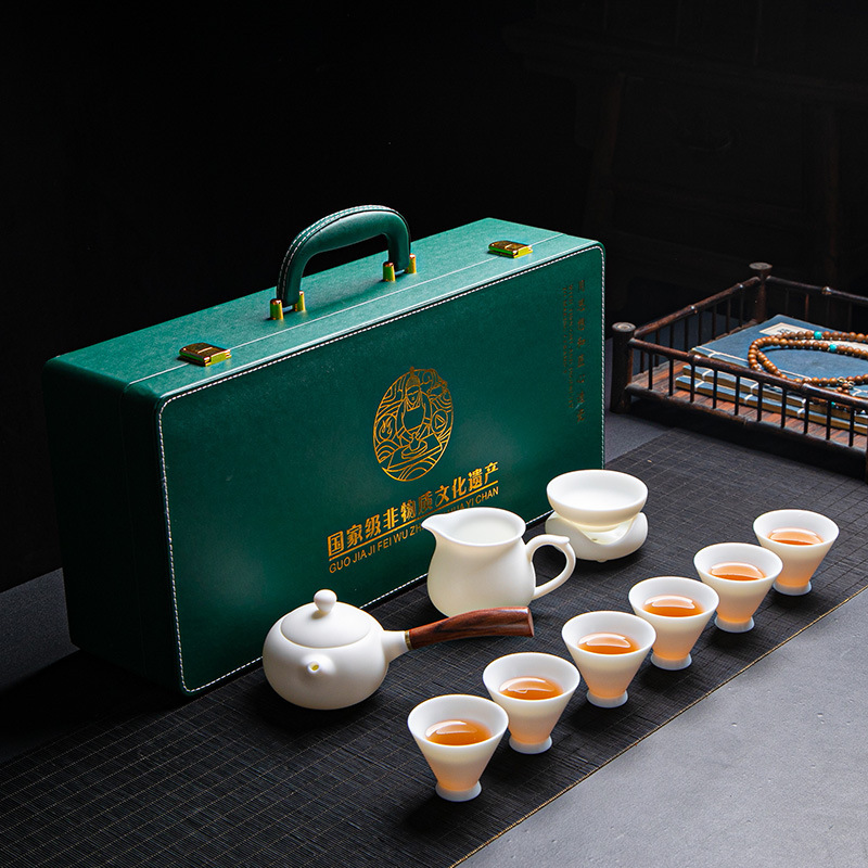 High-end Suet jade Porcelain Kungfu Online Tea Set Make tea Cover bowl teapot high-grade suit Gift box