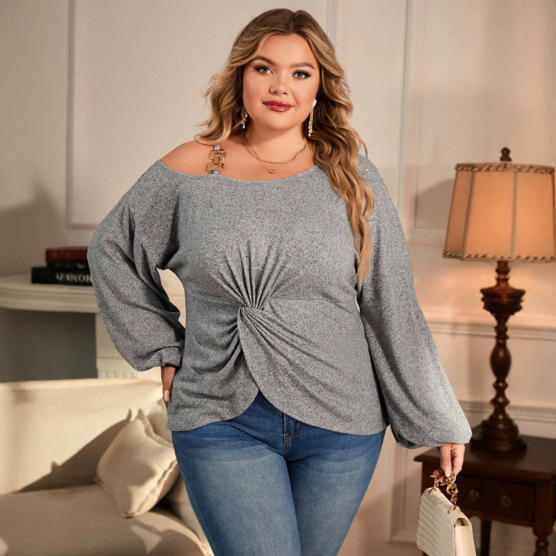 Cross-Border European and American Plus-Size Women's Clothing, Off-Shoulder Twist Long-Sleeve T-Shirt, Metal Buckle Shoulder Straps, Loose Fit Slimming Top Cross-Border European and American Plus-Size Women's Clothing, Off-Shoulder Twist Long-Sleeve T-Shirt, Metal Buckle Shoulder Straps, Loose Fit Slimming Top