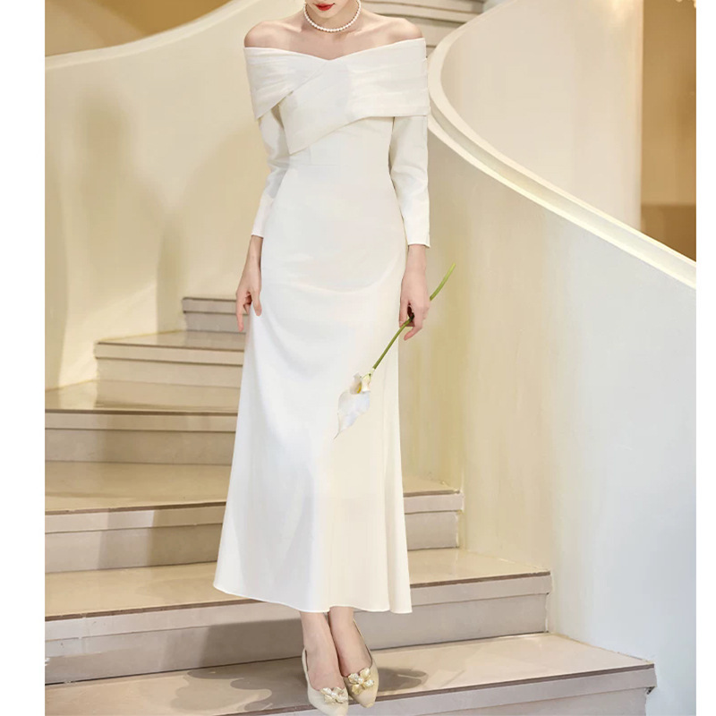 French-style off-shoulder long-sleeved white light gown for annual parties, engagement ceremonies, and formal occasions French-style off-shoulder long-sleeved white light gown for annual parties, engagement ceremonies, and formal occasions
