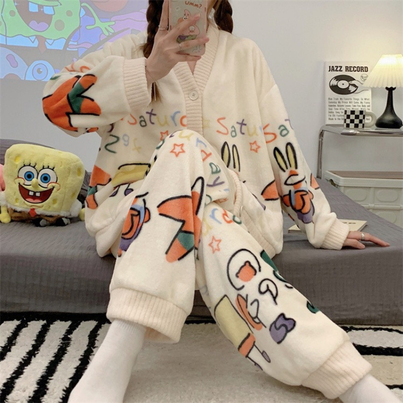 2026 Winter New Patrick Star Pajama Set for Women, Fashionable Thickened Warm Coral Fleece Cartoon Cardigan Homewear