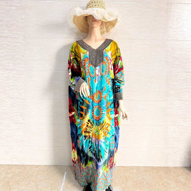 Ah8848 #   New Style Loose-Fitting V-Neck Robe with Rhinestones and Tassels, Made of Rayon with Double-Sided Print.