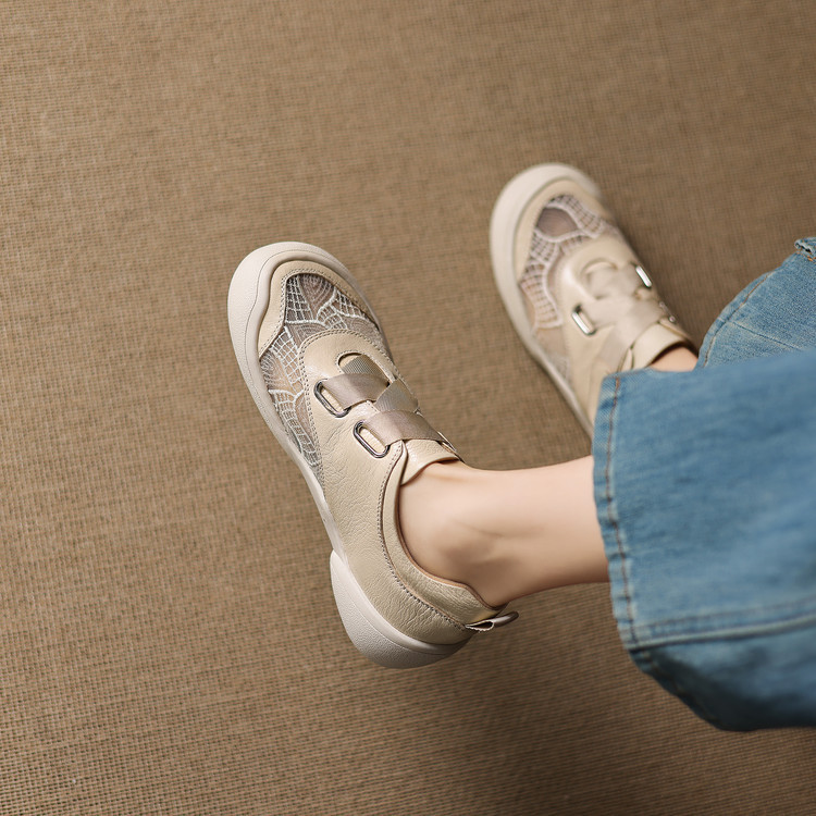 Giày sneaker nữ phối màu da thật lỗ thoáng khí đế bệt buộc dây kết hợp miếng dán — màu trắng ngà chi tiết 55