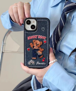 Perro salchicha de lunares de mezclilla bordado coreano para iPhone 15 funda para teléfono móvil 13 Apple 14ProMax cadena 12