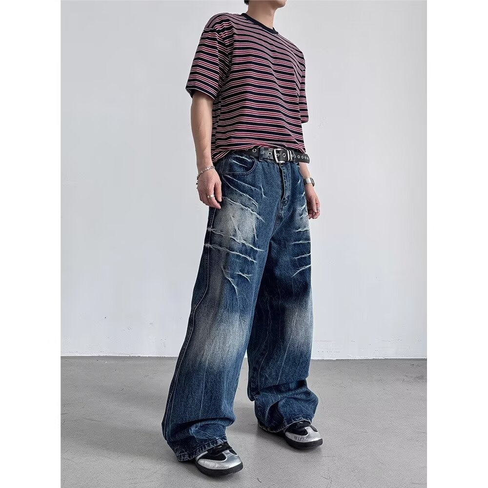 American Style Rivet Lightning Denim Jeans For Men And Women, Wide-Legged Distressed Wash Vintage Drop-Crotch Trousers, Trendy Streetwear Design_mkmklike.com
