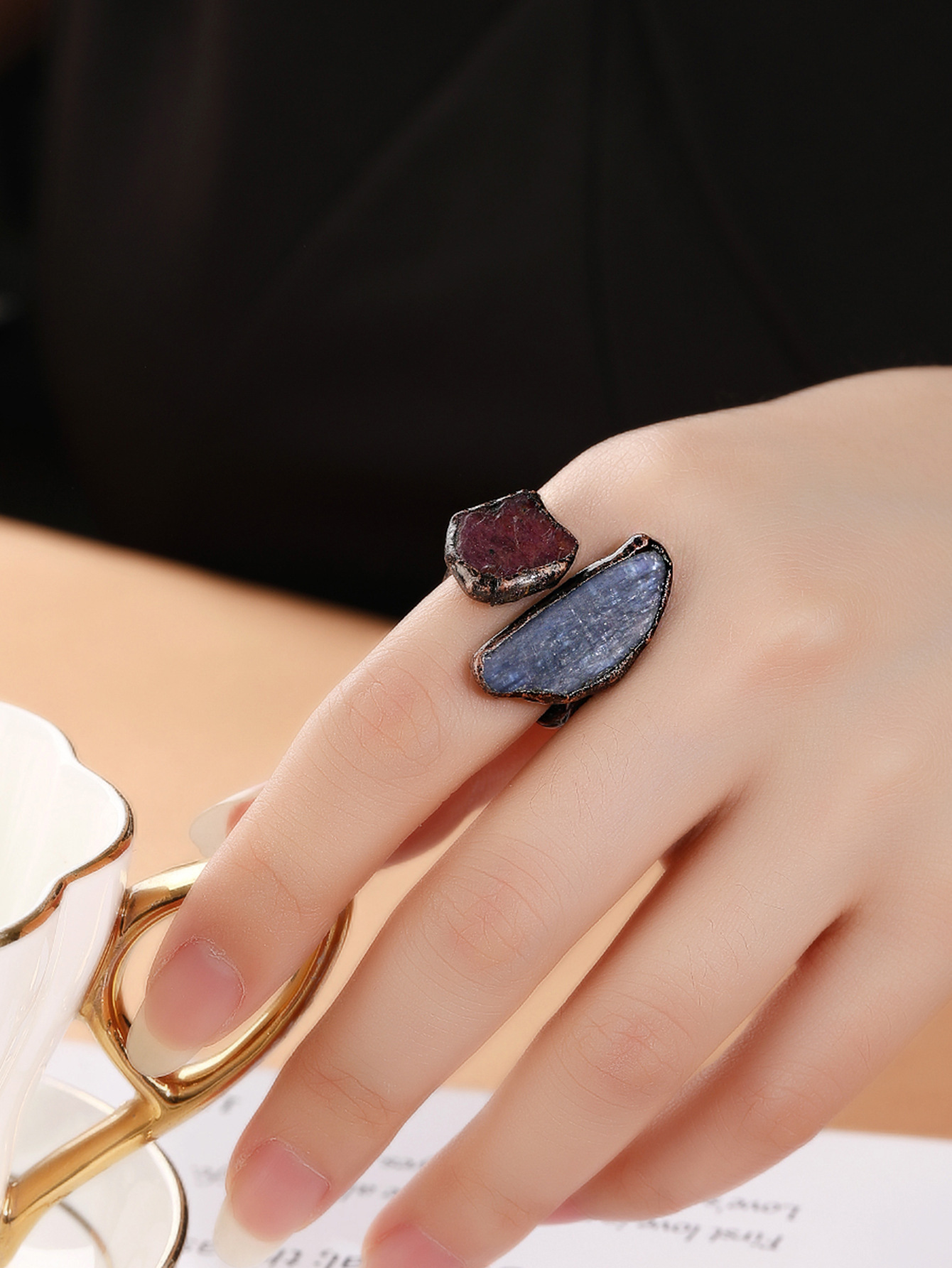 25g Weight Natural Stone, Crystal Inlay Material Open Rings Classification Adjustable Ring Size 1 Piece Quantity Daily Occasion Copper Material Geometric Pattern All Seasons Season Unisex Gender Inlay Design Retro, IG Style Style IG Style Retro Geometric Copper Inlay Natural Stone Crystal Unisex Open Rings Punk Rings 4