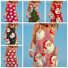 新款歐美女裝聖誕系列夏季沙灘3D印花休閑吊帶女士大擺型連衣裙