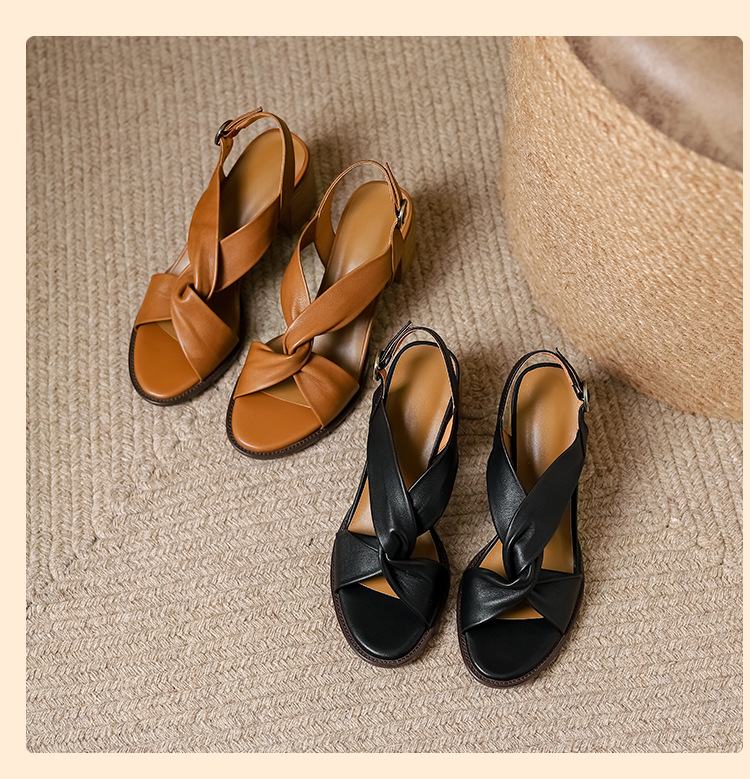Sandal cao gót nữ da thật hở mũi quai ngang gót dày retro — Màu nâu chi tiết 12