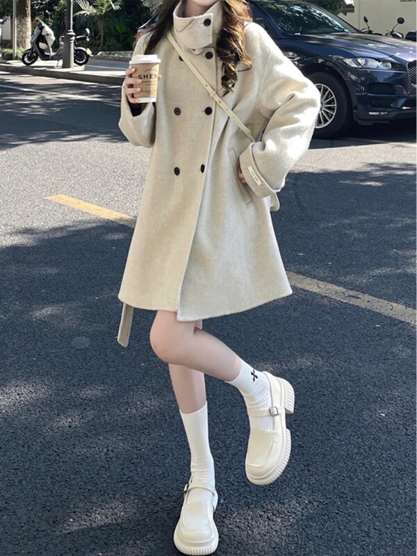 高级感米白色毛呢外套女秋冬装新款小个子韩版系带立领呢子大衣女|undefined
