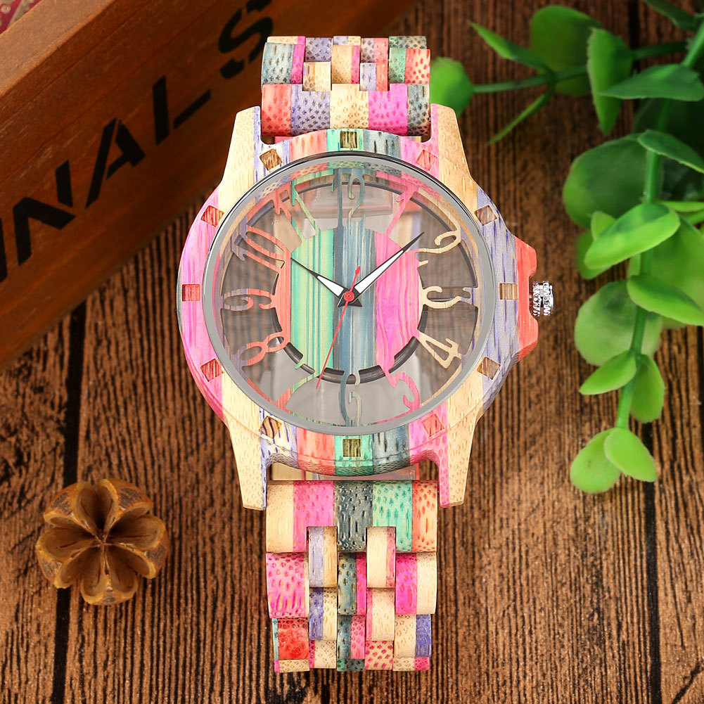 2026 New Model Colorful Bamboo Wood Hollow Quartz Watch for Men and Women, Couple's Artistic Retro Wristwatch with Transparent Dial and Five Beads