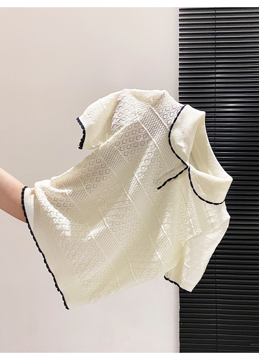 Áo thun tay ngắn dệt kim họa tiết rỗng phong cách thời trang — xanh lam chi tiết 3
