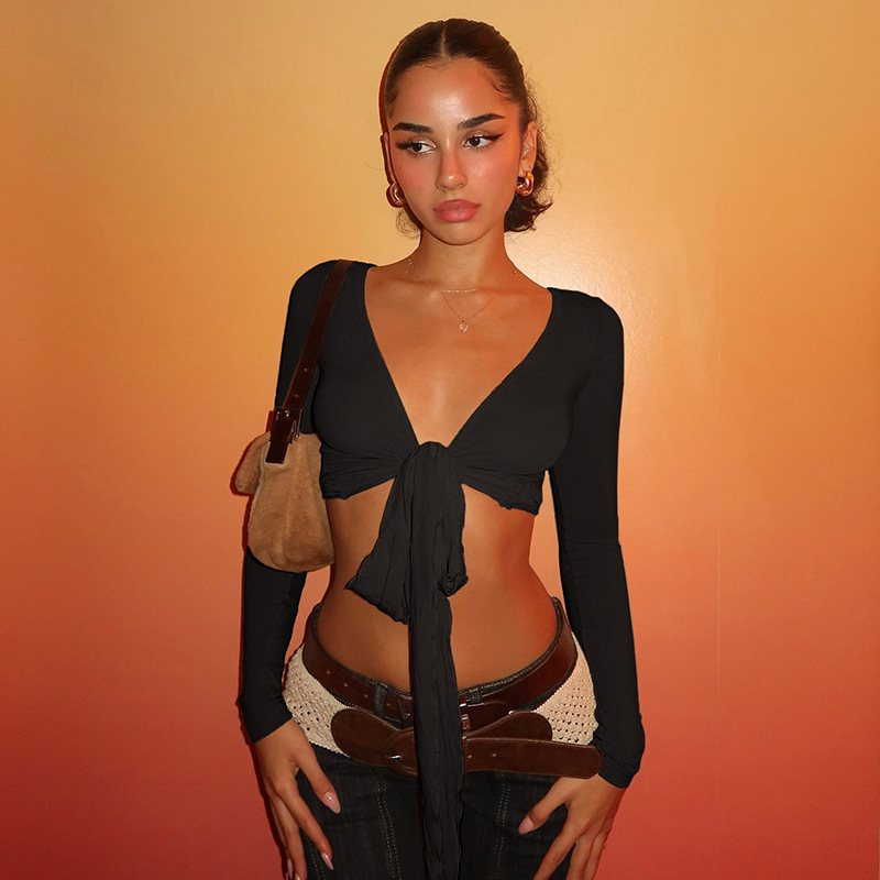 European And American Sexy Style Basic Versatile Skin-colored Strap Low V-neck Ultra-short T-shirt For Women, Slim Fit,_ecoleips.com