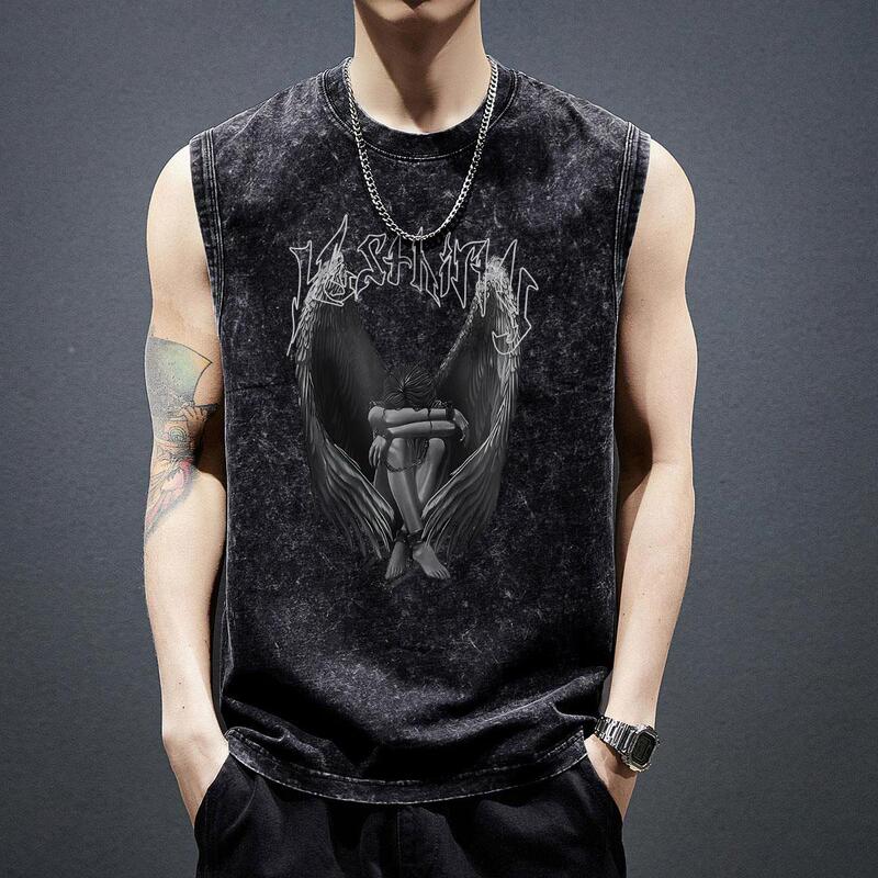 Sleeveless T-shirt for men, washed and distressed, men's printed short-sleeve, 2026 new vintage large-size vest, cross-border foreign trade Sleeveless T-shirt for men, washed and distressed, men's printed short-sleeve, 2026 new vintage large-size vest, cross-border foreign trade