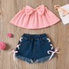 Girl’s solid color bowknot bra top lace up denim shorts two piece set