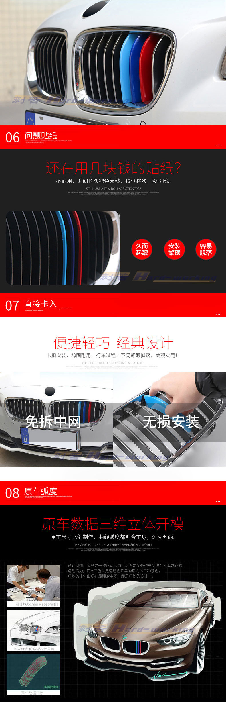 Suitable for BMW mid-net new 3 Series 5 Series 1 Series 3gtX1X3X4X5X6X7 three-color buckle mid-net modification decoration