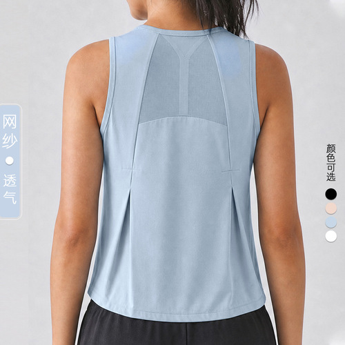Cross-border spot breathable mesh back pleated sports vest round neck loose running yoga sleeveless fitness top