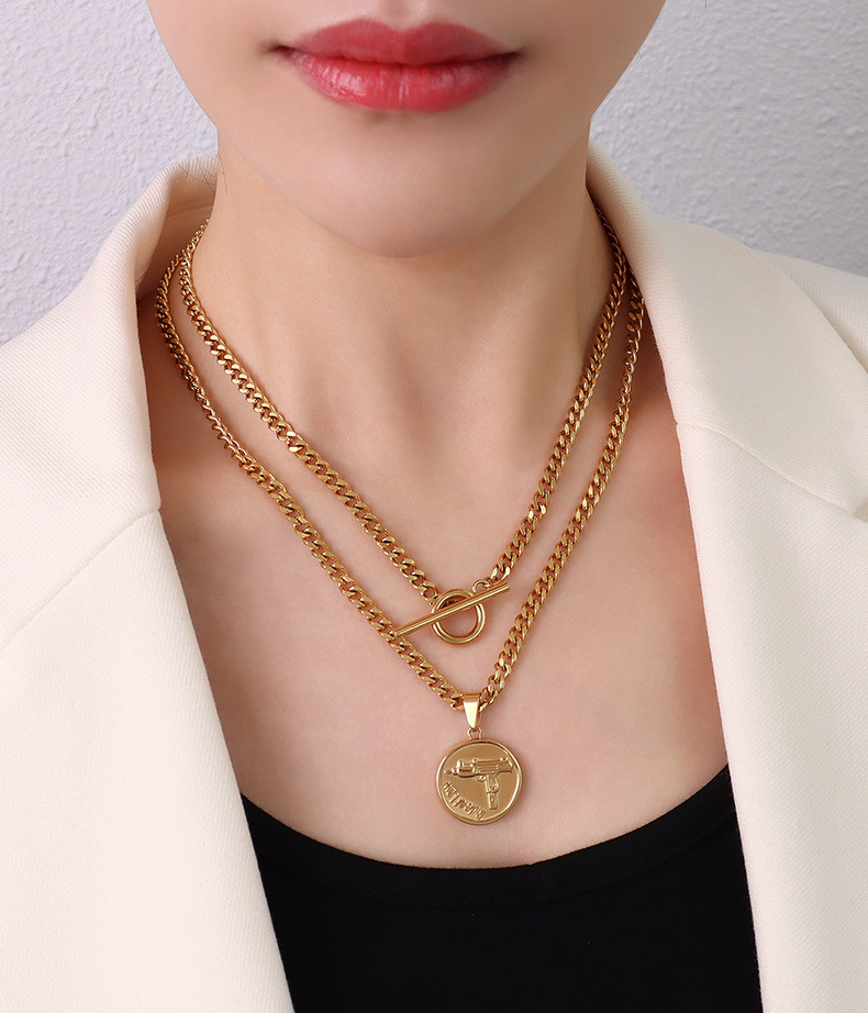 exaggerated thick chain otbuckle round brand gun shape pendant double stacked titanium steel  gold necklace_voghion.com