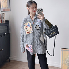 复古趣味贴布翻领针织开衫女秋冬新款小众高级感宽松拉链毛衣外套