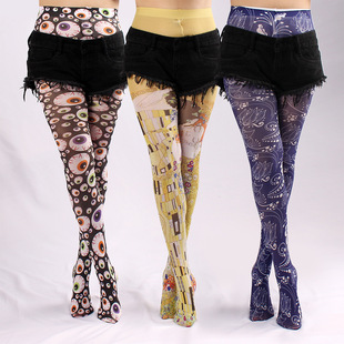 Cross-border Europe and the United States thin pantyhose spring and autumn Joker Devil's Eye vintage printed stockings women's socks anti-hook silk wholesale