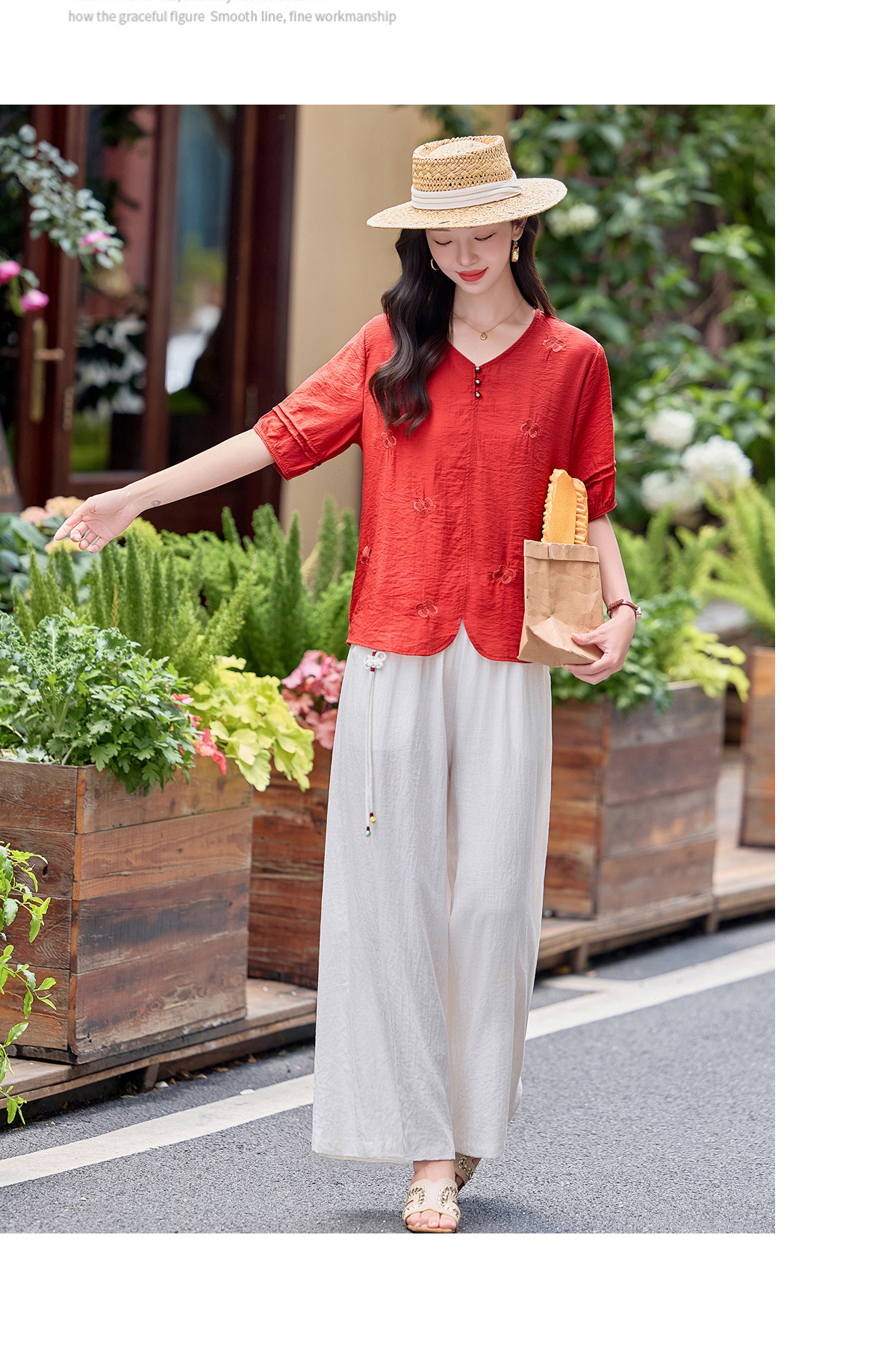 Bộ hai mảnh nữ hè 2026 áo thêu phối quần ống rộng cao cấp MM6652 — Màu hồng, màu đỏ chi tiết 18