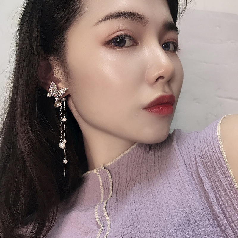 Korean rhinestone butterfly pearl tassel earringspicture1